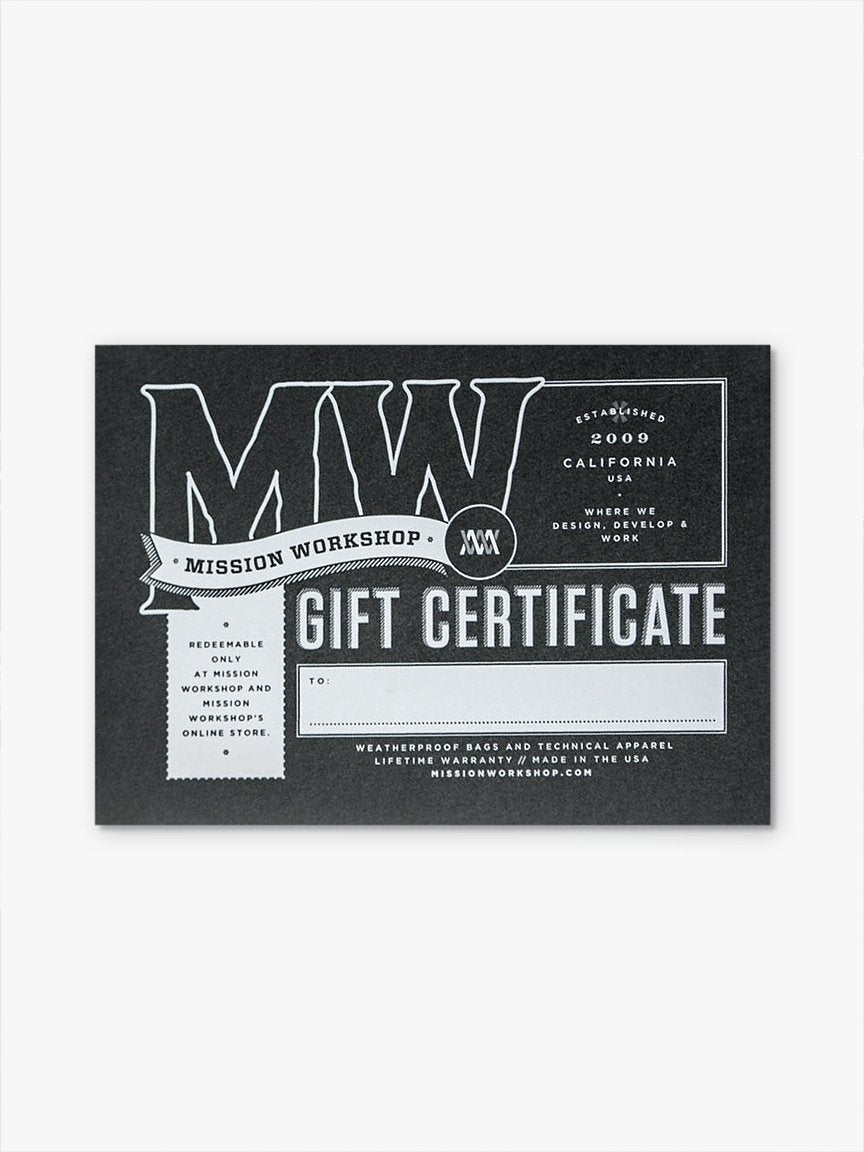Digital Gift Cards von Mission Workshop - Wetterfeste Taschen und technische Bekleidung - San Francisco & Los Angeles - Für die Ewigkeit gebaut - Garantiert!